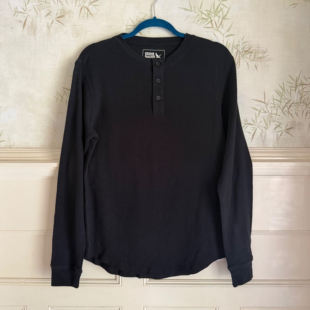 NWT Eddie Bauer Mens Waffle Knit Henley Shirt Black Long Sleeve EB010777 Small